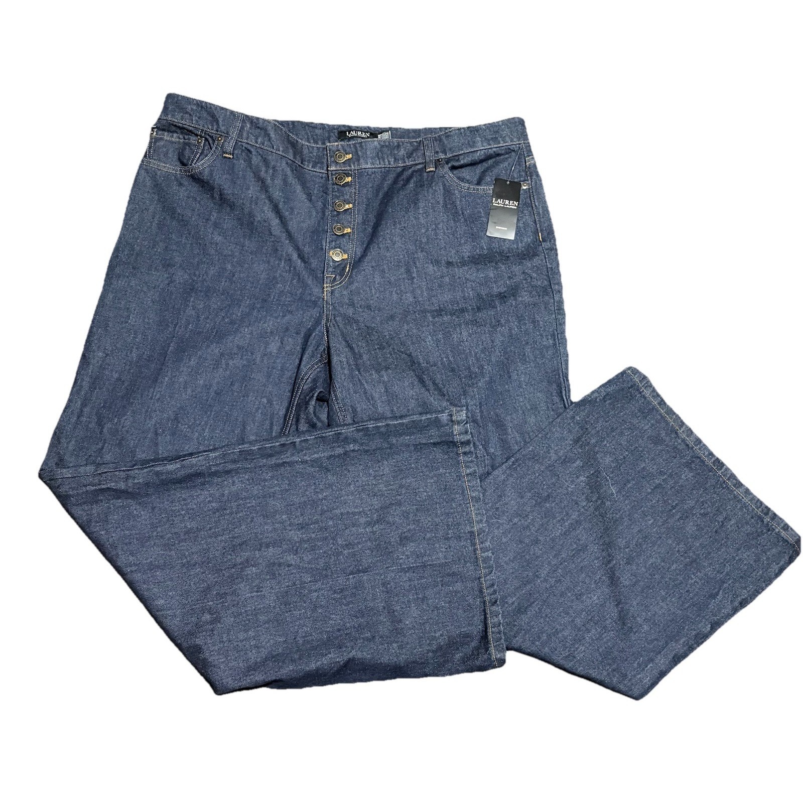 Nwt Ralph Lauren Jeans Womens 18w Plus Dark Blue Wide Leg Button Fly Denim Boho